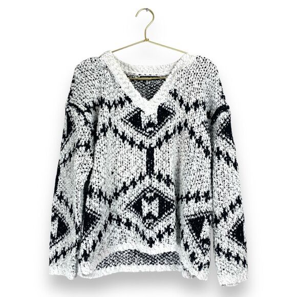 Shein V Neck‎ Sweater Women's Medium Black White Fuzzy Comfort 499 - Picture 1 of 5